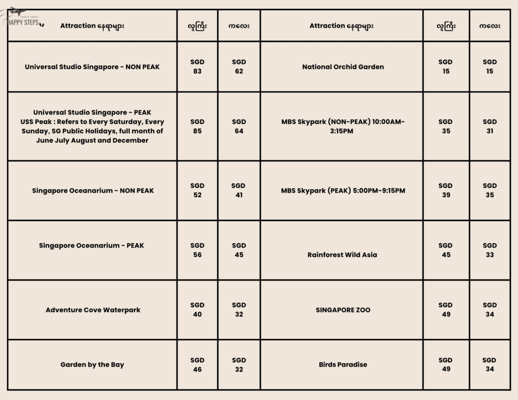 Singapore Attractions rate sheet 1